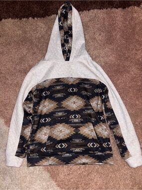 Boys Hooded Pullover Sweater in Cream and Brown Aztec Print